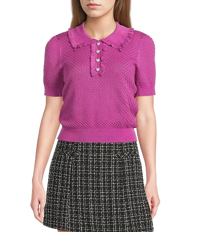 I.N. San Francisco Ruffle Collared Short Sleeve Sweater Top