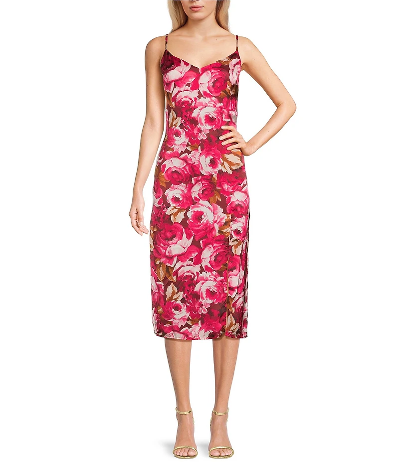 I.N. San Francisco Satin Floral Print V-Neck Side Slit Slip Midi Dress