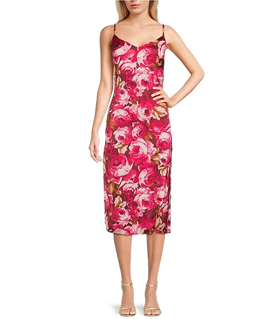 I.N. San Francisco Satin Floral Print V-Neck Side Slit Slip Midi Dress