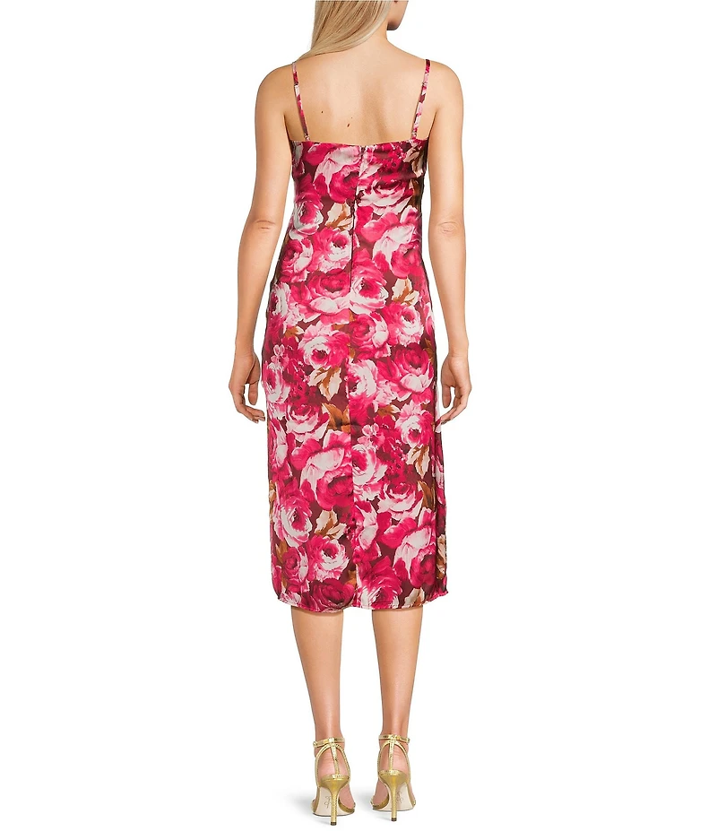 I.N. San Francisco Satin Floral Print V-Neck Side Slit Slip Midi Dress