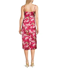 I.N. San Francisco Satin Floral Print V-Neck Side Slit Slip Midi Dress