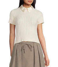 I.N. San Francisco Satin Point Collar Tie Front Short Sleeve Sweater Top