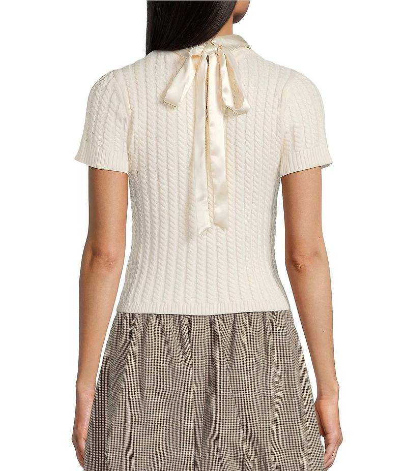 I.N. San Francisco Satin Point Collar Tie Front Short Sleeve Sweater Top