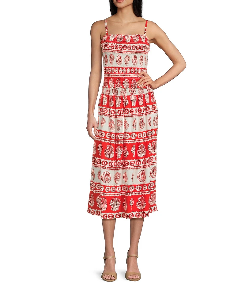 I.N. San Francisco Seashell-Stripe Pattern Mid Rise Smocked Waist Coordinating Midi Skirt