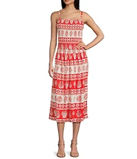 I.N. San Francisco Seashell-Stripe Pattern Mid Rise Smocked Waist Coordinating Midi Skirt