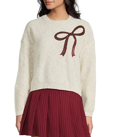 I.N. San Francisco Sequin Bow Crew Neck Long Sleeve Sweater