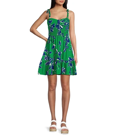 I.N. San Francisco Sleeveless Floral-Printed Smocked-Bodice Mini Dress
