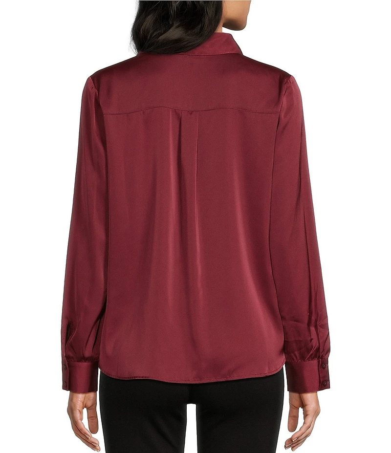 I.N. San Francisco Solid Stretch Satin Collared Button Front Long Sleeve Blouse