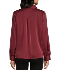 I.N. San Francisco Solid Stretch Satin Collared Button Front Long Sleeve Blouse