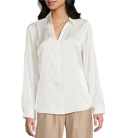 I.N. San Francisco Solid Stretch Satin Collared Button Front Long Sleeve Blouse