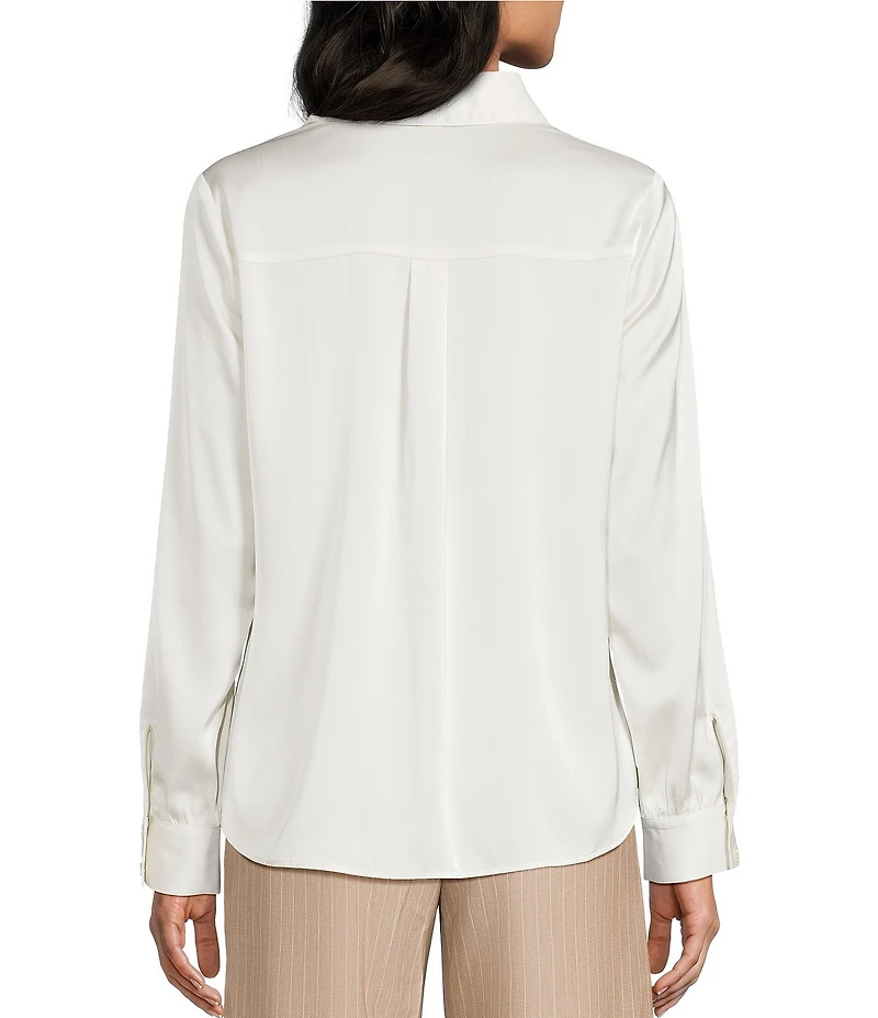 I.N. San Francisco Solid Stretch Satin Collared Button Front Long Sleeve Blouse