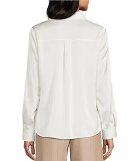 I.N. San Francisco Solid Stretch Satin Collared Button Front Long Sleeve Blouse
