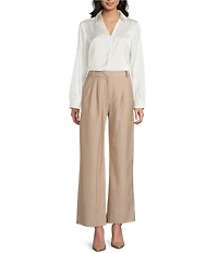 I.N. San Francisco Solid Stretch Satin Collared Button Front Long Sleeve Blouse