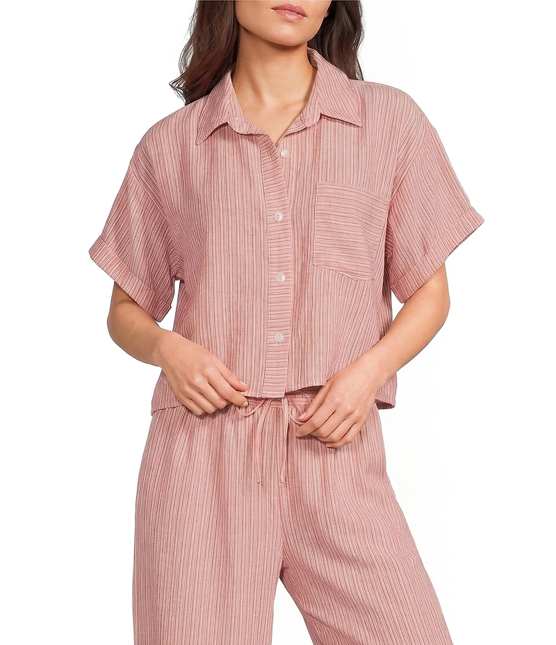 I.N. San Francisco Striped Short Sleeve Collared Cropped Button Front Top