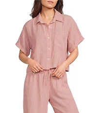 I.N. San Francisco Striped Short Sleeve Collared Cropped Button Front Top