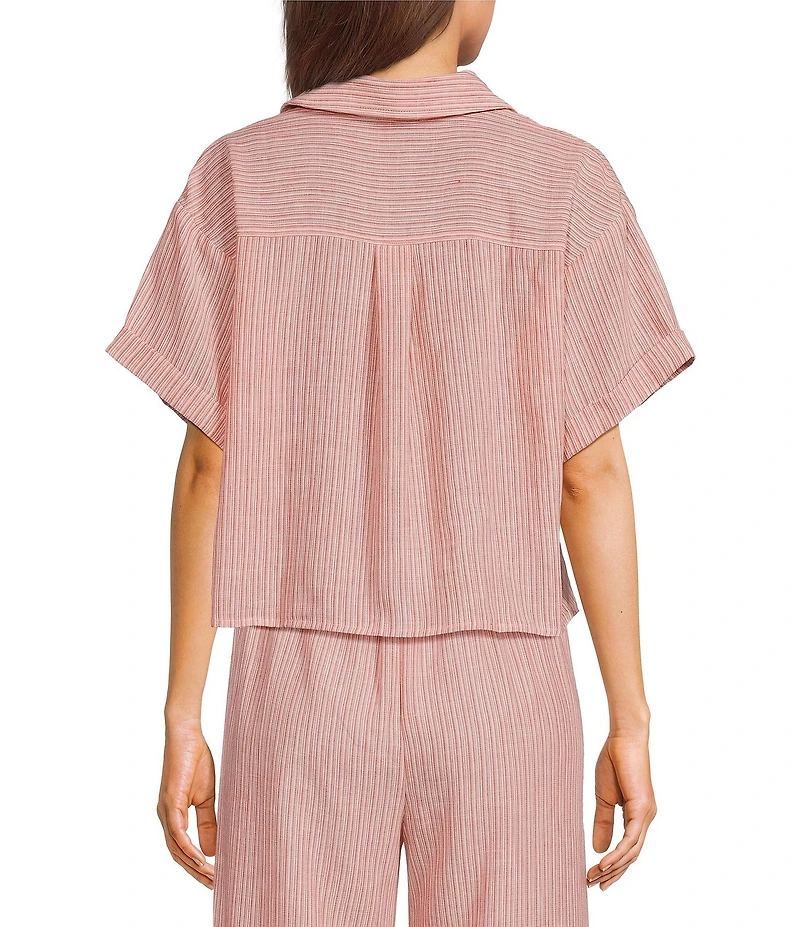 I.N. San Francisco Striped Short Sleeve Collared Cropped Button Front Top