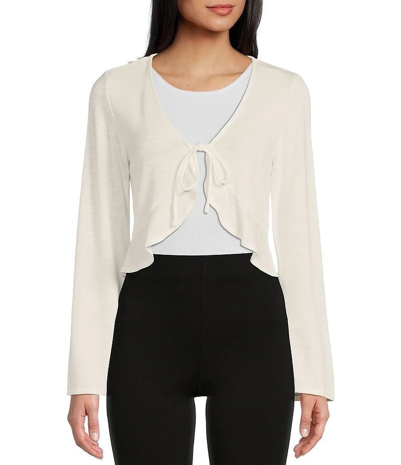 I.N. San Francisco Tie Front Long Bell Sleeve Hacci Shrug Top