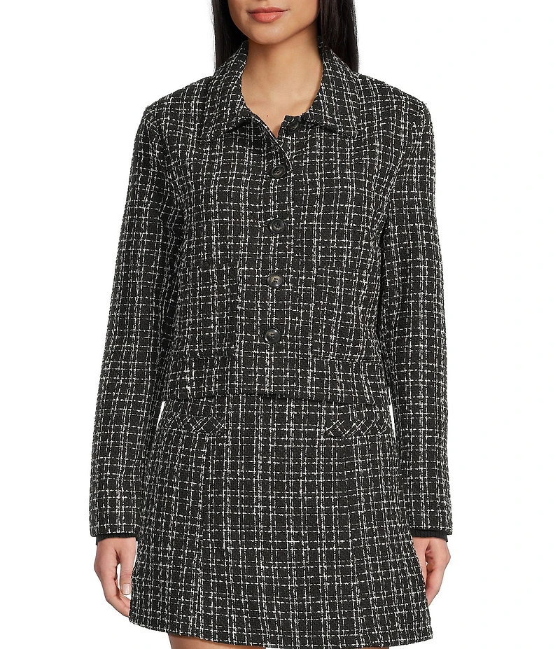 I.N. San Francisco Tweed Collared Patch Pocket Button Front Coordinating Cropped Jacket