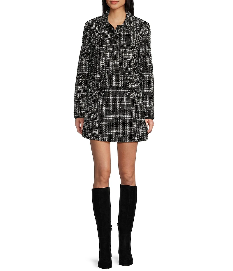 I.N. San Francisco Tweed Collared Patch Pocket Button Front Coordinating Cropped Jacket