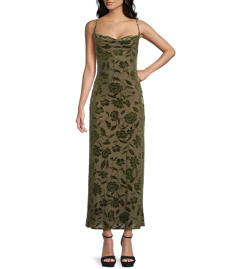 I.N. San Francisco Velvet Floral Cowl Neck Midi Slip Dress