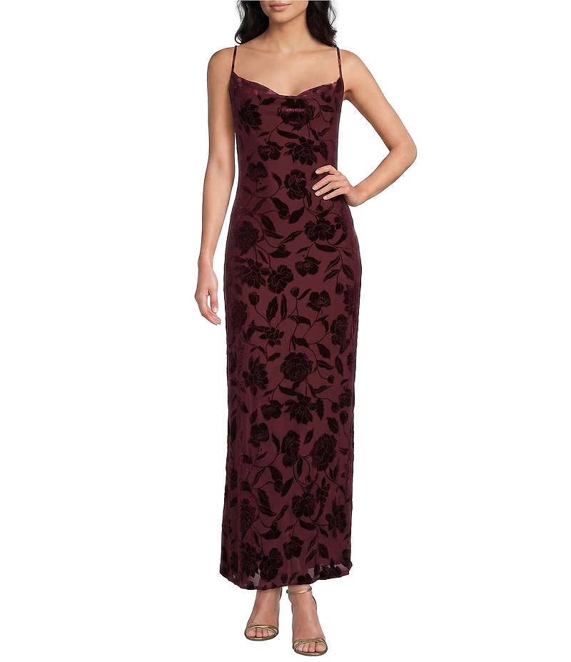 I.N. San Francisco Velvet Floral Cowl Neck Midi Slip Dress