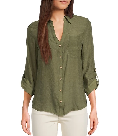 I.N. San Francisco Woven Button Front 3/4 Sleeve Shirt