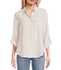 I.N. San Francisco Woven Stripe 3/4 Sleeve Roll Tab Sleeve Button Front Shirt