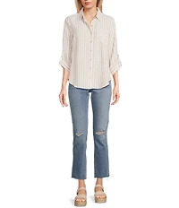 I.N. San Francisco Woven Stripe 3/4 Sleeve Roll Tab Sleeve Button Front Shirt