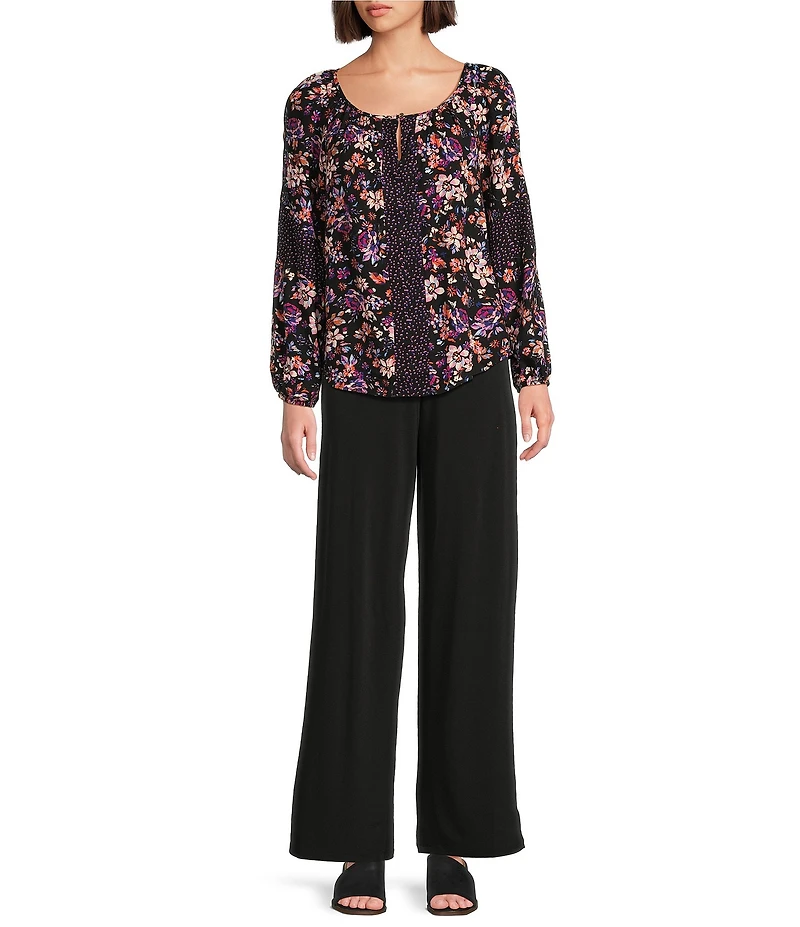 I.N. Studio Woven Mixed Print Crew Neck Long Sleeve Top
