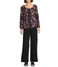 I.N. Studio Woven Mixed Print Crew Neck Long Sleeve Top