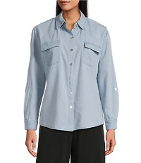 I.N. Studio Woven Point Collar Long Roll-Tab Sleeve Tie-Front Chambray Washed Shirt