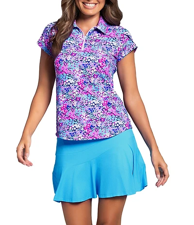 IBKUL Allana Floral Print Collared Tulip Short Sleeve Stretch Knit Polo