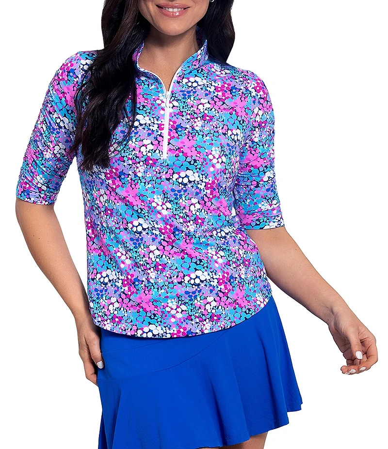 IBKUL Allana Floral Print Mandarin Collar Ruched Elbow Sleeve Stretch Knit Top