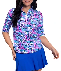IBKUL Allana Floral Print Mandarin Collar Ruched Elbow Sleeve Stretch Knit Top