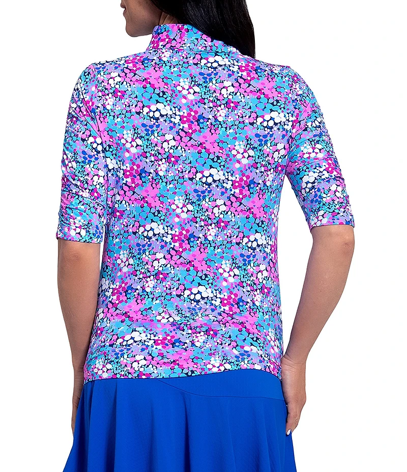IBKUL Allana Floral Print Mandarin Collar Ruched Elbow Sleeve Stretch Knit Top
