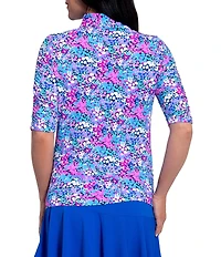 IBKUL Allana Floral Print Mandarin Collar Ruched Elbow Sleeve Stretch Knit Top