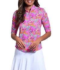 IBKUL Allana Floral Print Mandarin Collar Ruched Elbow Sleeve Stretch Knit Top