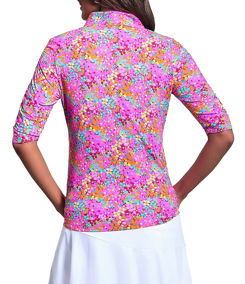 IBKUL Allana Floral Print Mandarin Collar Ruched Elbow Sleeve Stretch Knit Top