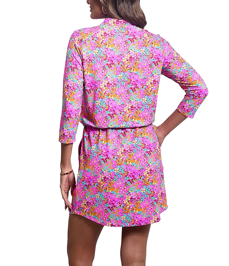 IBKUL Allana Patterned Mandarin Collar 3/4 Sleeve Stretch Knit Above Knee Dress