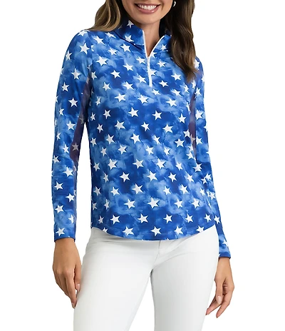 IBKUL American Dream Printed Zip Mock Neck Long Sleeve Top