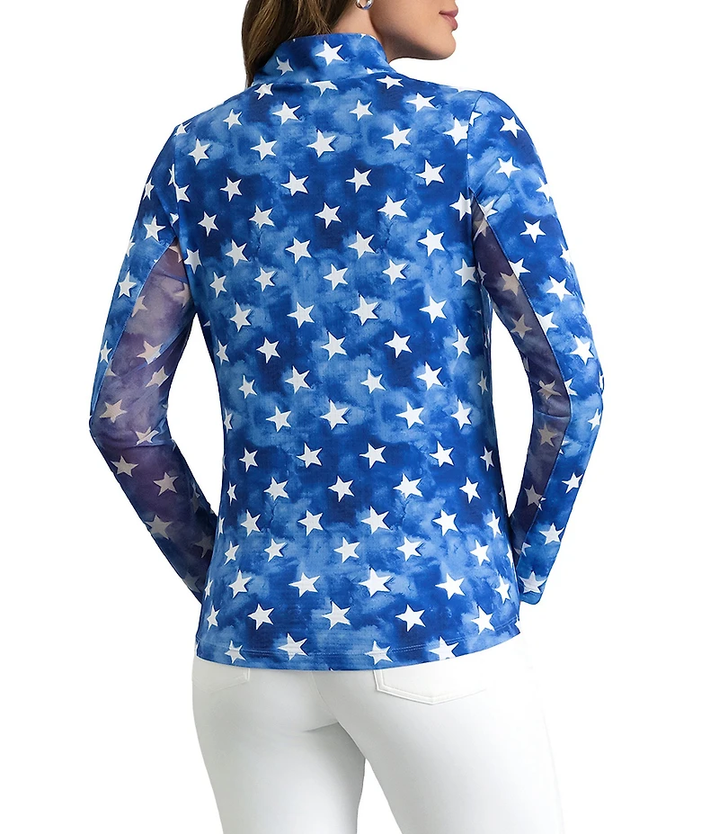 IBKUL American Dream Printed Zip Mock Neck Long Sleeve Top