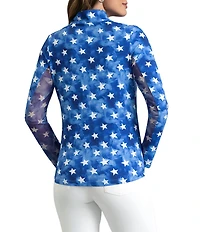 IBKUL American Dream Printed Zip Mock Neck Long Sleeve Top