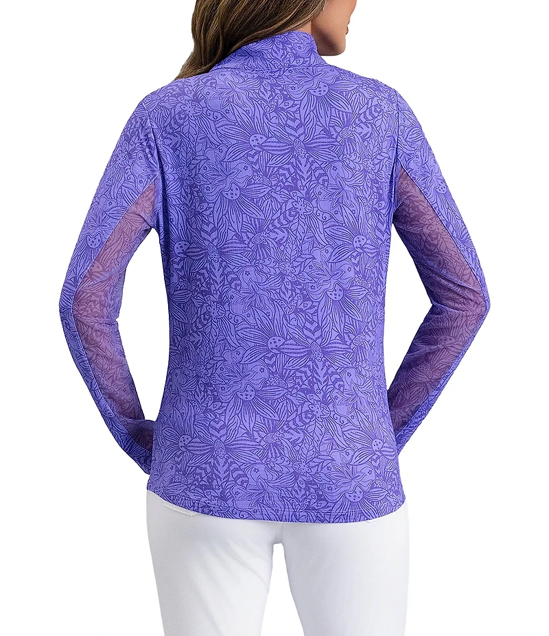 IBKUL Annie Floral Printed Zip Mock Neck Long Sleeve Top