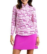 IBKUL Believe Printed Zip Mock Neck Long Sleeve Top