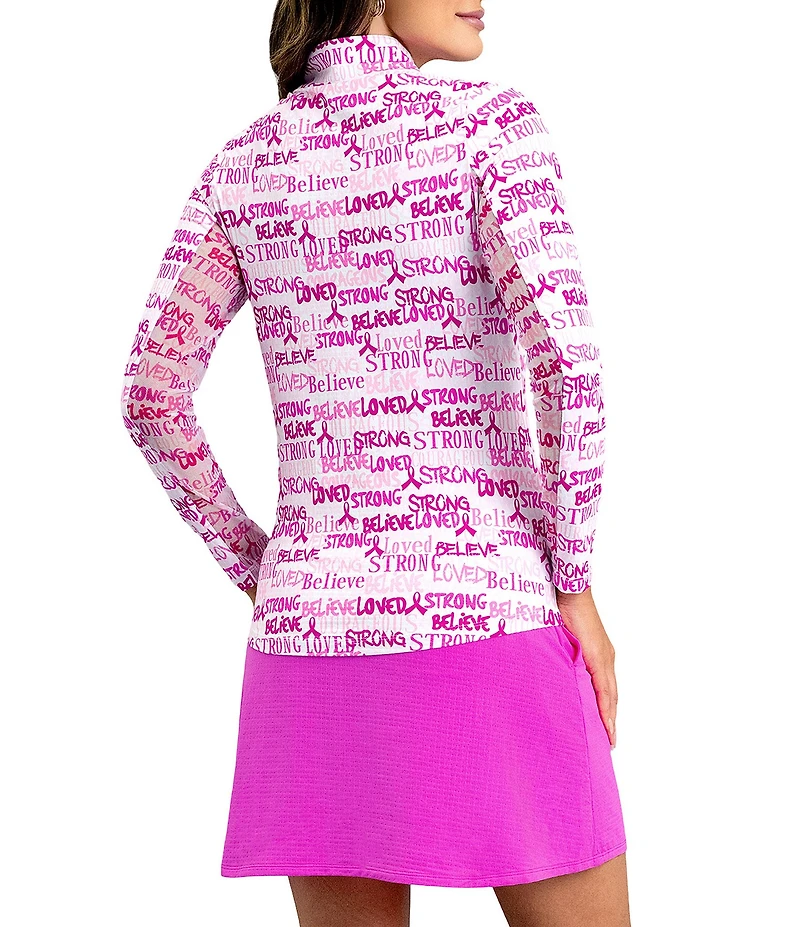 IBKUL Believe Printed Zip Mock Neck Long Sleeve Top