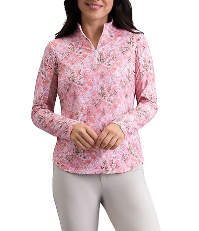 IBKUL Briana Printed Zip Mock Neck Long Sleeve Top