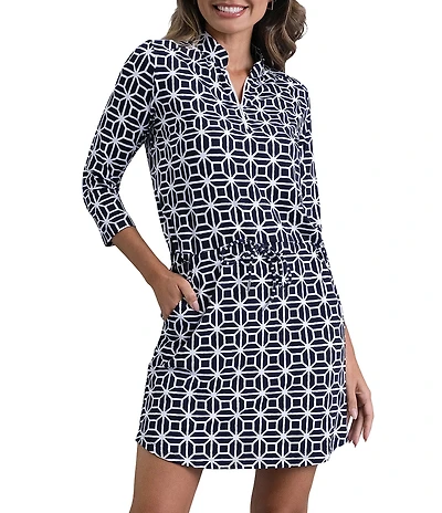 IBKUL Carolyn Printed Collar Neck 3/4 Sleeve Drawstring Waist Short Dress