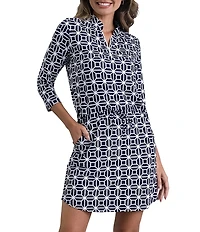 IBKUL Carolyn Printed Collar Neck 3/4 Sleeve Drawstring Waist Short Dress