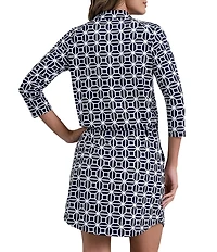 IBKUL Carolyn Printed Collar Neck 3/4 Sleeve Drawstring Waist Short Dress