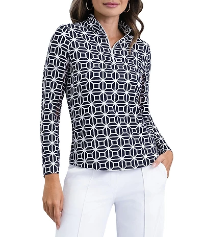 IBKUL Carolyn Printed Zip Mock Neck Long Sleeve Top
